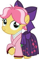 Size: 784x1200 | Tagged: safe, artist:cloudy glow, kettle corn, pony, g4, cardcaptor sakura, clothes, dress, female, filly, foal, hakama, kimono (clothing), simple background, solo, transparent background