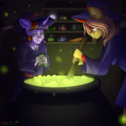 Size: 3000x3000 | Tagged: safe, artist:nika-rain, oc, anthro, anthro oc, cauldron, commission, halloween, hat, high res, holiday, witch, witch hat, ych result