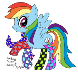 Size: 2280x2148 | Tagged: safe, artist:icicle-niceicle-1517, artist:thecloud96, color edit, edit, rainbow dash, pegasus, pony, g4, checkered socks, clothes, colored, female, high res, mare, mismatched socks, open mouth, raised hoof, scarf, signature, simple background, socks, solo, stock vector, transparent background