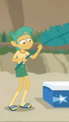 Size: 253x450 | Tagged: safe, screencap, snails, equestria girls, equestria girls specials, g4, my little pony equestria girls: better together, my little pony equestria girls: forgotten friendship, animated, clothes, cropped, feet, gif, legs, male, male nipples, nipples, partial nudity, sandals, shorts, smiling, solo, topless