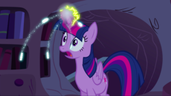 Size: 1439x810 | Tagged: safe, screencap, twilight sparkle, alicorn, pony, g4, twilight's kingdom, book, female, golden oaks library, horn, mare, open mouth, solo, sparking horn, sparks, twilight sparkle (alicorn)