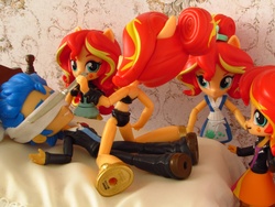 Size: 1800x1350 | Tagged: safe, artist:whatthehell!?, flash sentry, sunset shimmer, equestria girls, g4, bed, bedroom, bikini, black sports bra, clothes, doll, equestria girls minis, fall formal outfits, irl, knife, maid, merchandise, photo, ponied up, sacrifice, sandals, sports bra, suit, summer sunset, sunset sushi, swimsuit, toy, tuxedo