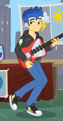 Size: 283x540 | Tagged: safe, screencap, flash sentry, best trends forever, equestria girls, equestria girls series, g4, clothes, converse, cropped, electric guitar, guitar, hoodie, male, musical instrument, pants, shoes, smiling, sneakers
