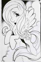 Size: 666x1000 | Tagged: safe, artist:shellsweet, fluttershy, pegasus, pony, g4, black and white, cloud, female, grayscale, inktober, inktober 2018, looking at you, looking sideways, mare, monochrome, profile, smiling, solo, spread wings, traditional art, wings