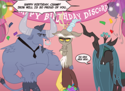 Size: 820x600 | Tagged: safe, artist:creepycurse, discord, iron will, queen chrysalis, changeling, changeling queen, draconequus, minotaur, g4, balloon, banner, birthday, congratulations, eyes closed, female, laughing, male, necktie, nose piercing, nose ring, piercing, pink background, septum piercing, simple background, text, trio, unamused