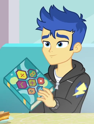 Size: 532x696 | Tagged: safe, screencap, flash sentry, equestria girls, equestria girls series, g4, pinkie pie: snack psychic, book, clothes, cropped, hoodie, male, smiling, solo