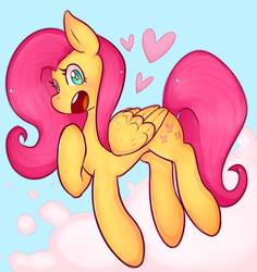 Size: 907x960 | Tagged: safe, artist:pepperpkmoncupcake, fluttershy, pegasus, pony, g4, cloud, female, folded wings, heart, hoof on chest, looking at you, mare, open mouth, smiling, solo, three quarter view, wings