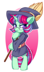 Size: 600x971 | Tagged: safe, artist:cabbage-arts, oc, oc only, oc:eye scream, pony, unicorn, bipedal, broom, clothes, commission, commissioner:axlgx, female, glasses, hat, horn, mare, robe, simple background, solo, transparent background, unicorn oc, witch, witch hat