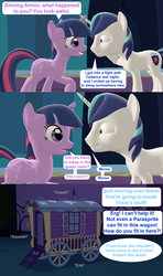 Size: 1920x3240 | Tagged: safe, artist:red4567, shining armor, trixie, twilight sparkle, alicorn, pony, unicorn, g4, 3d, brother and sister, comic, female, male, mare, source filmmaker, speech bubble, stallion, tired, trixie's wagon, twilight sparkle (alicorn), wagon