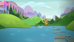 Size: 1280x720 | Tagged: safe, screencap, smolder, dragon, father knows beast, g4, bouncing, dragoness, female, outdoors, pond, rock, rock throwing, school of friendship, skipping stones, solo, stepping stones, throwing, throwing rocks, water