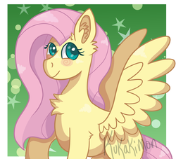 Size: 1650x1500 | Tagged: safe, artist:kukakimon, fluttershy, pegasus, pony, g4, abstract background, blush sticker, blushing, chest fluff, ear fluff, female, looking away, looking up, mare, signature, smiling, solo, spread wings, wings