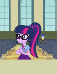 Size: 419x540 | Tagged: safe, screencap, flash sentry, sci-twi, twilight sparkle, all the world's off stage, equestria girls, g4, my little pony equestria girls: better together, cropped, cyoa, geode of telekinesis, glasses, male, ponytail