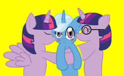 Size: 800x497 | Tagged: safe, artist:sailorponiesstream, edit, sci-twi, trixie, twilight sparkle, alicorn, pony, unicorn, equestria girls, g4, equestria girls ponified, female, lesbian, mare, ponified, ship:sci-twixie, ship:twixie, shipping, simple background, twilight sparkle (alicorn), twolight, unicorn sci-twi, yellow background