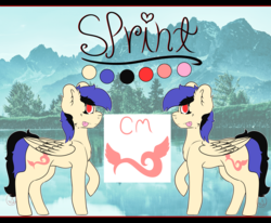 Size: 3200x2641 | Tagged: safe, artist:diane-thorough, oc, oc only, oc:sprint, pegasus, pony, ear fluff, high res, lake, mountain, reference sheet, scenery, solo, tongue out