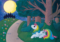 Size: 2480x1748 | Tagged: safe, artist:gabborul, moonstone, pony, unicorn, g1, bow, female, flower, forest, moon, night, path, rainbow ponies, solo, tail bow, traditional art, tree