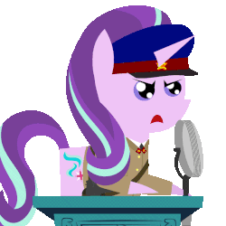 Size: 640x640 | Tagged: safe, artist:dsiak, derpibooru exclusive, starlight glimmer, pony, g4, angry, animated, clothes, communism, cross-popping veins, dictator, eye twitch, female, hat, holster, khruschev, lectern, microphone, peaked cap, pointy ponies, red alert, red alert 2, simple background, soviet union, speech, stalin glimmer, the great dictator, transparent background, tribune, uniform