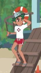 Size: 223x394 | Tagged: safe, screencap, timber spruce, equestria girls, g4, my little pony equestria girls: better together, turf war, arm behind head, clothes, cropped, feet, legs, lifeguard, lifeguard timber, male, male feet, sandals, shorts, smiling