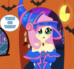 Size: 927x862 | Tagged: safe, artist:raydonxd, fluttershy, equestria girls, g4, big breasts, breasts, busty fluttershy, candy, cleavage, dark magician girl, female, food, halloween, holiday, solo, trick or treat, yu-gi-oh!