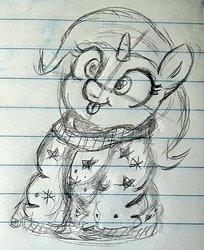 Size: 834x1024 | Tagged: safe, artist:ponetistic, trixie, pony, g4, clothes, cute, diatrixes, female, filly, lined paper, oversized clothes, solo, sweater, tongue out, traditional art