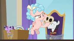 Size: 600x338 | Tagged: safe, screencap, chancellor neighsay, cozy glow, pegasus, pony, unicorn, g4, school raze, animated, chains, creepy, cringing, disturbed, female, filly, flying, foal, gloating, hug, male, puppet, scared, school of friendship, skull, stallion, wat
