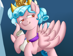 Size: 1600x1236 | Tagged: safe, artist:firepetalfox, cozy glow, pegasus, pony, g4, school raze, crown, empress, female, large wings, older, older cozy glow, regalia, scroll, solo, wings