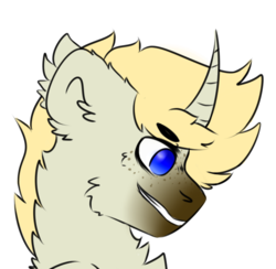 Size: 598x583 | Tagged: safe, artist:diane-thorough, oc, oc only, oc:malvaceae, pony, unicorn, bust, cheek fluff, chest fluff, curved horn, ear fluff, fluffy, freckles, horn, male, simple background, solo, transparent background