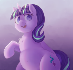 Size: 935x893 | Tagged: safe, artist:toroitimu, starlight glimmer, pony, unicorn, g4, belly, belly button, big belly, chest fluff, chubby, dreamworks face, eyebrows, eyebrows visible through hair, female, looking at you, mare, open mouth, open smile, s5 starlight, smiling, smiling at you, solo