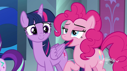 Size: 1920x1080 | Tagged: safe, screencap, pinkie pie, starlight glimmer, twilight sparkle, alicorn, earth pony, pony, g4, school raze, duo focus, female, lidded eyes, mare, open mouth, out of context, raised hoof, twilight sparkle (alicorn)