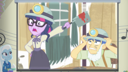 Size: 1280x720 | Tagged: safe, screencap, flash sentry, sci-twi, trixie, twilight sparkle, equestria girls, equestria girls series, g4, happily ever after party, clothes, female, glasses, happily ever after party: applejack, helmet, male, mining helmet, shocked