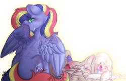 Size: 1446x936 | Tagged: safe, artist:vintage-owll, oc, oc only, oc:paint swirl, oc:snow drop, pegasus, pony, kindverse, albino, crying, duo, female, interdimensional siblings, mare, offspring, parent:rainbow dash, parent:soarin', parents:soarindash, signature, simple background, transparent background, watermark