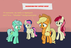 Size: 1280x873 | Tagged: safe, artist:badponyvectors, applejack, bon bon, lyra heartstrings, roseluck, sweetie drops, earth pony, pony, unicorn, g4, background pony applejack, chest fluff, cowboy hat, crossed hooves, dialogue, female, freckles, happy, hat, mare, open mouth, smiling, text