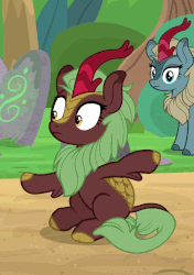 Size: 723x1026 | Tagged: safe, screencap, cinder glow, sparkling brook, summer flare, kirin, g4, sounds of silence, animated, background kirin, charades, cinderbetes, cloven hooves, cropped, cute, duo, female, flailing, frown, gif, hooves, leg fluff, loop, noodle arms, perfect loop, silly, sitting, the club can't even handle me right now, wide eyes