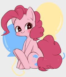 Size: 749x877 | Tagged: safe, artist:manachaaaaaaaa, pinkie pie, earth pony, pony, g4, blushing, cute, cutie mark background, diapinkes, female, mare, sitting, smiling, solo