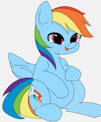 Size: 710x860 | Tagged: safe, artist:manachaaaaaaaa, rainbow dash, pegasus, pony, g4, chubby, cute, female, mare, open mouth, simple background, sitting, smiling, solo, tubby wubby pony waifu, white background