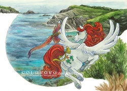 Size: 800x576 | Tagged: safe, artist:coldruru, paradise, bird, pegasus, pony, g1, bow, cliff, female, flying, mare, ocean, realistic horse legs, scenery, solo, tail bow, traditional art, underhoof