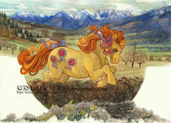 Size: 800x577 | Tagged: safe, artist:coldruru, rosette (g1), earth pony, pony, g1, bit, bow, female, flower, mountain, mountain range, scenery, solo, tack, tail bow, traditional art, tree