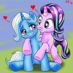 Size: 4000x4000 | Tagged: safe, artist:tomtornados, starlight glimmer, trixie, pony, unicorn, g4, cute, daaaaaaaaaaaw, diatrixes, duo, female, glimmerbetes, heart, hug, lesbian, looking at each other, ship:startrix, shipping, signature, simple background, sitting, smiling