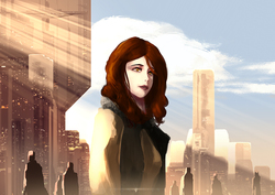 Size: 3508x2480 | Tagged: safe, artist:aidelank, autumn blaze, human, g4, sounds of silence, beautiful, city, clothes, coat, female, futuristic, high res, humanized, pretty, skyscraper, solo