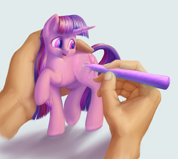 Size: 7072x6304 | Tagged: safe, artist:stratodraw, twilight sparkle, human, pony, unicorn, g4, absurd resolution, coloring, cute, drawing, drawn into existence, female, happy, implied lauren faust, mare, pen, simple background, smiling, twiabetes, unicorn twilight