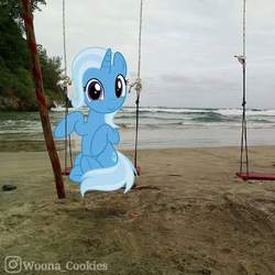 Size: 1080x1080 | Tagged: safe, trixie, pony, unicorn, g4, road to friendship, cute, diatrixes, irl, looking at you, ocean, photo, ponies in real life, solo, swing, water