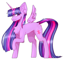 Size: 491x465 | Tagged: safe, artist:foxlove253, twilight sparkle, alicorn, pony, g4, big ears, chest fluff, cutie mark, ear fluff, eye clipping through hair, female, floating wings, fluffy, mare, pixel art, raised hoof, sidemouth, simple background, solo, transparent background, twilight sparkle (alicorn)