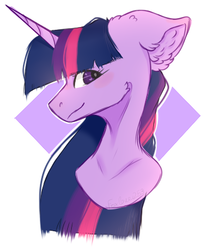 Size: 386x453 | Tagged: safe, artist:foxlove253, twilight sparkle, pony, g4, abstract background, big ears, blushing, bust, ear fluff, female, floppy ears, looking at you, mare, sidemouth, smiling, solo