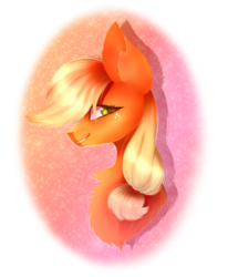 Size: 2217x2689 | Tagged: safe, artist:foxlove253, applejack, earth pony, pony, g4, abstract background, big ears, bust, chest fluff, female, freckles, high res, looking at you, looking sideways, mare, missing accessory, simple background, smiling, solo, transparent background