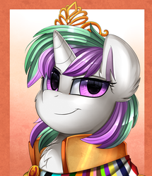 Size: 1722x2003 | Tagged: safe, artist:pridark, oc, oc only, oc:armstice, pony, bust, clothes, commission, crown, portrait, regalia, smiling, solo