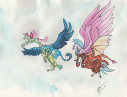 Size: 1024x779 | Tagged: safe, artist:sagastuff94, gallus, ocellus, sandbar, silverstream, smolder, yona, changedling, changeling, dragon, earth pony, griffon, hippogriff, pony, yak, g4, school daze, carrying, cloven hooves, dragoness, female, flying, large wings, male, realistic anatomy, realistic horse legs, signature, student six, teenager, traditional art, watercolor painting, wings