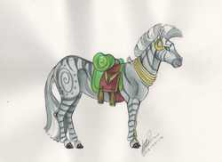 Size: 1024x744 | Tagged: safe, artist:sagastuff94, zecora, pony, zebra, g4, ear piercing, earring, female, jewelry, mare, neck rings, piercing, profile, realistic anatomy, realistic horse legs, saddle, signature, simple background, smiling, solo, tack, traditional art, white background