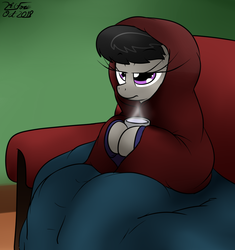 Size: 1198x1274 | Tagged: safe, artist:the-furry-railfan, octavia melody, earth pony, pony, g4, annoyed, blanket, cold, couch, female, food, mare, mug, octavia is not amused, solo, steam, tea, unamused