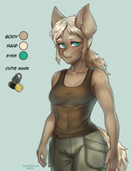 Size: 2550x3300 | Tagged: safe, artist:tawni-tailwind, oc, oc only, oc:gilded shilling, anthro, anthro oc, clothes, cutie mark, female, high res, mare, muscles, older, pirate, ponytail, reference sheet, solo, tank top