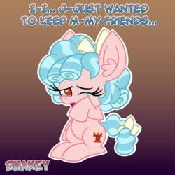 Size: 768x768 | Tagged: safe, artist:snakeythingy, cozy glow, pony, g4, school raze, season 8, a better ending for cozy, alternate universe, belly, crying, dialogue, female, filly, gradient background, headcanon, sad, sad pony, solo, story included, tears of sadness, teary eyes, woobie