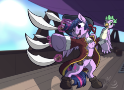 Size: 2974x2160 | Tagged: safe, artist:lupiarts, artist:snoopystallion, spike, twilight sparkle, alicorn, parrot, pony, g4, bipedal, chest fluff, clothes, comic sins, frog (hoof), hat, high res, levitation, magic, open mouth, pirate hat, pirate twilight, pointing, species swap, sword, telekinesis, twilight sparkle (alicorn), underhoof, weapon